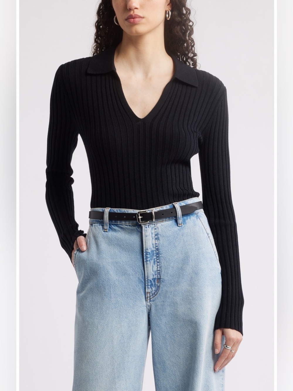 Nordstrom NEW Johnny Collar Polo Sweater, Black, Women's Size S